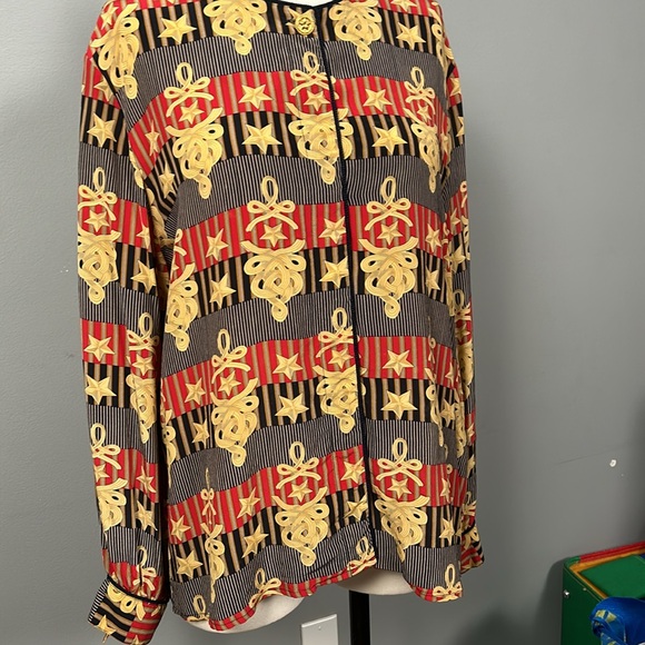 Vintage Fiji Silk Gold Red Navy Long Sleeve Button Down Shirt size XL mandarin - Picture 12 of 16